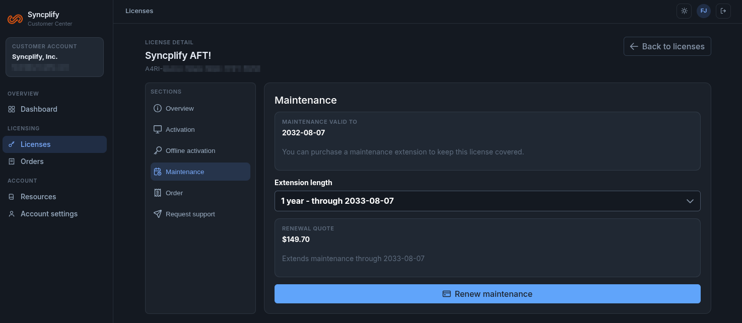 The Maintenance section of a license in the Customer Center, with the extension length, the renewal quote and the Renew maintenance button