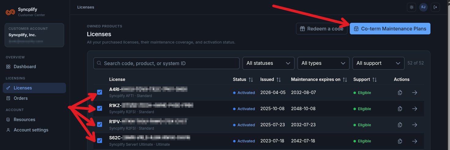 The Licenses list in the Customer Center with four licenses ticked and the Co-term Maintenance Plans button