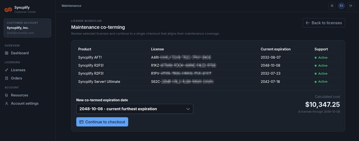 The Maintenance co-terming page, with the selected licenses, the new co-termed expiration date and the calculated cost
