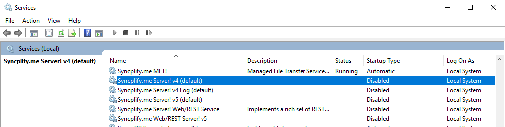 The Windows Services console with the Syncplify.me Server! v4 and v5 services stopped and disabled
